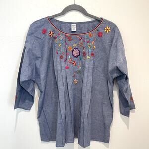 Abrazo Style Scoop Neck Embroidered Chambray Top Womens Plus 2X Blue Boho